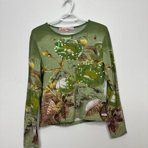 Miss Sixty Olive Green Floral Sequin Long Sleeve Tee